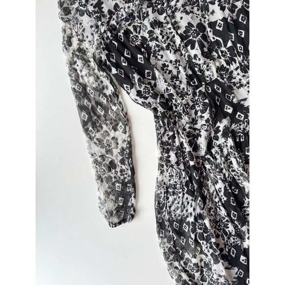 MASSIMO DUTTI Black White Floral Silk Crepe A-Line Midi Dress, Size 6 - Picture 9 of 16